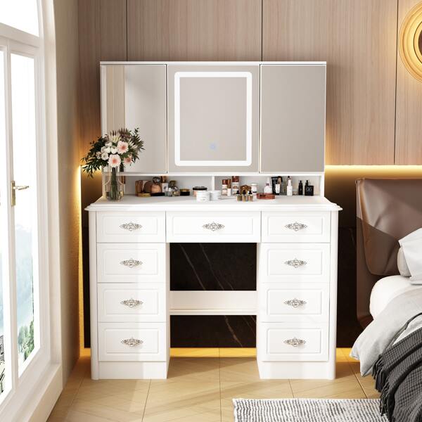 Vanity Desk Set with Large LED Lighted Mirror & Power Outlet, 9 Drawers Vanities Dressing Makeup