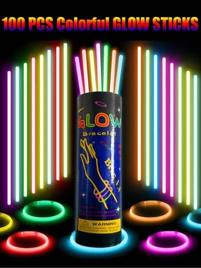 100件/套混色DIY派對熒光棒、不可食用持久發光霓虹項鍊、活動氛圍道具