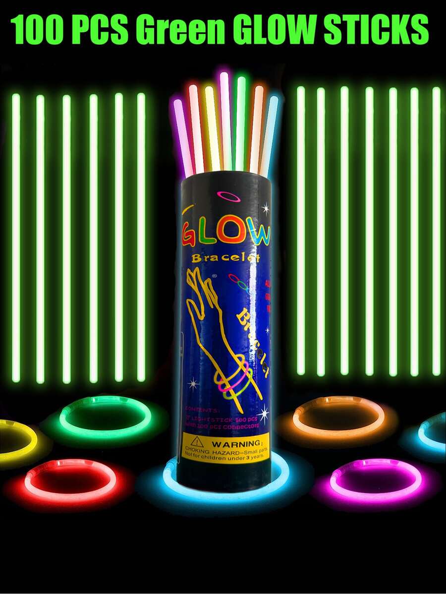 100 piezas/set palo de brillo fluorescente de fiesta DIY verde, collar de neón de brillo duradero no comestible, accesorios de ambiente de evento - Verde - Ver 1