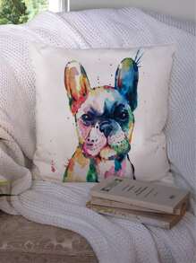 1pc Watercolor Bulldog Print Short Plush Decorative Pillow Cover, Single-Sided Design, Refreshing Fabric Easy To Wash, Flat Design Elevates Home Decor, Suitable For Sofa, Bedroom, Living Room, Balcony, No Filling, Not Included Pillow Insert, Can Be Used As Christmas, Halloween Gift, 45x45cm - Multicolor - View 1