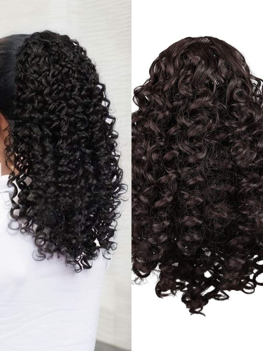 American Curly Ponytail Wig, Net Twist Style Wear, Easy and Secure, 12 inches, Ombre Ponytail. Made of heat-resistant synthetic fiber, voluminous and natural, can be styled with a hairdryer or flat iron, long-lasting shape. Soft and natural, just like real hair, you can hardly tell you're wearing a wig. Add length and volume to your ponytail in just a few seconds. Soft, tangle-free, lightweight, and comfortable. Suitable for daily wear, parties, and cosplay. Perruque, Pelucas. - màu đen - Xem 1