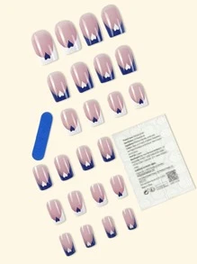 24Pcs Square Short False Nails With Simple & Blue & French & Heart Design For Fashionable Party, Daily Wear Press On Nails Fake Nails Nail Supplies Nails - Blue and White - View 3