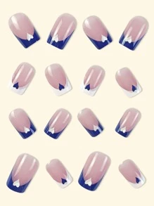 24Pcs Square Short False Nails With Simple & Blue & French & Heart Design For Fashionable Party, Daily Wear Press On Nails Fake Nails Nail Supplies Nails - Blue and White - View 2