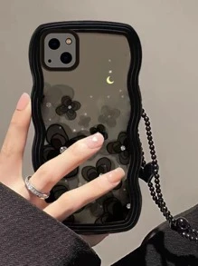 情人节花朵手机壳 1 件适用于 11 12 13 14 Pro Max 15 16 Pro Max，黑色大波浪 - 黑色细绳 - 黑色花朵月亮手机壳 - 彩色 - 查看 2