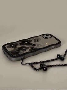 情人节花朵手机壳 1 件适用于 11 12 13 14 Pro Max 15 16 Pro Max，黑色大波浪 - 黑色细绳 - 黑色花朵月亮手机壳 - 彩色 - 查看 3