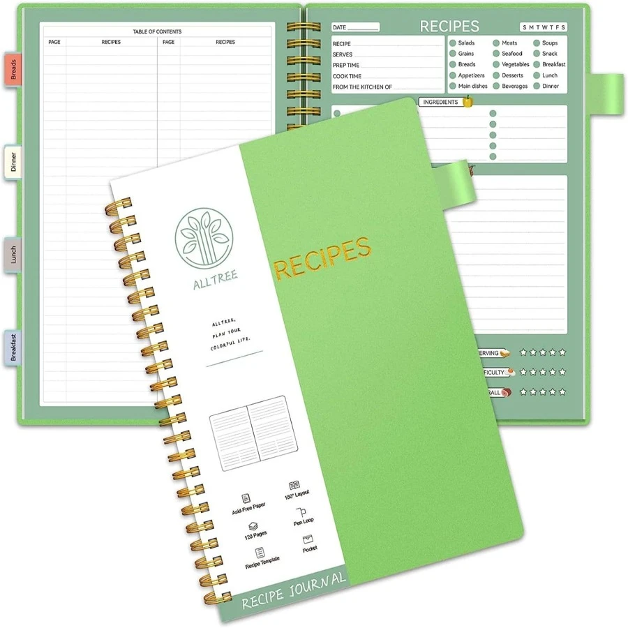 Recipe Book to Write in Your Own Recipes, Sprial Personal Blank Recipe Book, 15 Tabs for Family Cooking Lover, 120 Pages Recipe Organizer - 綠色 - 查看 1