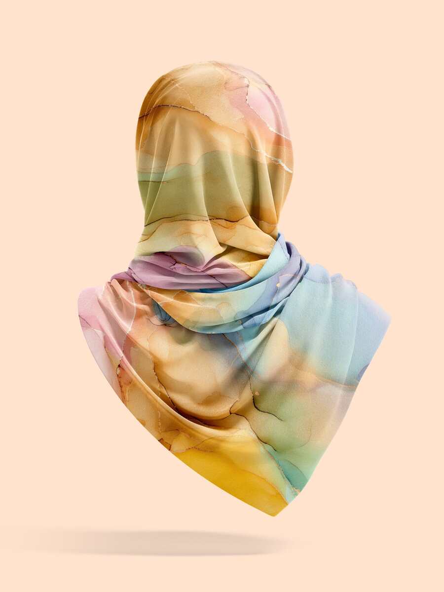 1pc Colorful Marble Pattern Digital Printed Headscarf - Multicolor - View 1