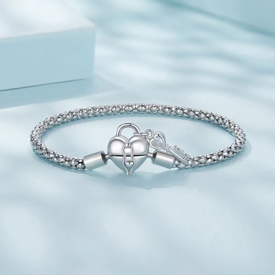 1入組925純銀心鎖基本款吊墜手環鋪路設置立方氧化鋯適合女士珠子和吊墜吊墜DIY首飾類Love禮物至女朋友 - 銀色 - 查看 1