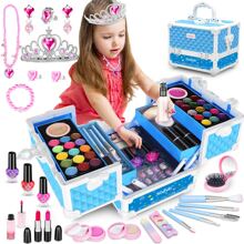 62 Pcs Kids Makeup Kit For Girl, Washable Play Makeup Toys Set For Dress Up, Pretend Beauty Vanity Set With Cosmetic Case Birthday Toys For Girls 3 4 5 6 7 8 9 10 11 12 Year Old Kids Toddlers - 藍色 - 查看 1