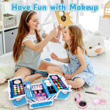 62 Pcs Kids Makeup Kit For Girl, Washable Play Makeup Toys Set For Dress Up, Pretend Beauty Vanity Set With Cosmetic Case Birthday Toys For Girls 3 4 5 6 7 8 9 10 11 12 Year Old Kids Toddlers - 藍色 - 查看 5