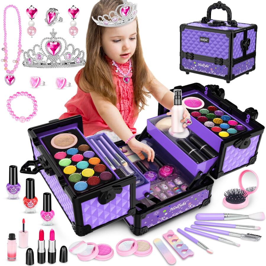 62 Pcs Kids Makeup Kit For Girl, Washable Play Makeup Toys Set For Dress Up, Pretend Beauty Vanity Set With Cosmetic Case Birthday Toys For Girls 3 4 5 6 7 8 9 10 11 12 Year Old Kids Toddlers - 紫色 - 查看 1