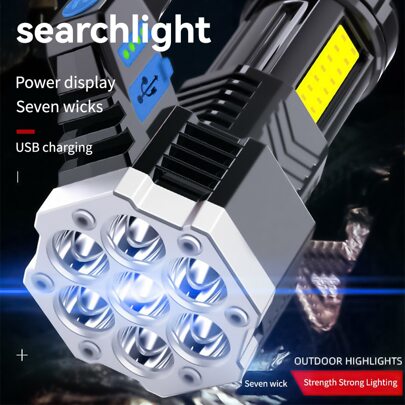 1入組7-LED手電筒帶大面積COB側燈,USB可充電,4模式,工作燈,便攜式戶外緊急情況燈,內置大容量電池,防水野營燈