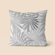 1pc Grey Palm Leaf Printed Cushion Cover, Modern Country Style Peach Skin Velvet Pillow Case For Sofa And Bed Decor - Grey - View 1