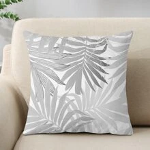 1pc Grey Palm Leaf Printed Cushion Cover, Modern Country Style Peach Skin Velvet Pillow Case For Sofa And Bed Decor - Grey - View 3