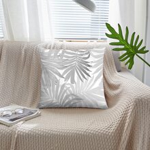 1pc Grey Palm Leaf Printed Cushion Cover, Modern Country Style Peach Skin Velvet Pillow Case For Sofa And Bed Decor - Grey - View 4