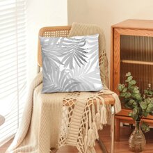 1pc Grey Palm Leaf Printed Cushion Cover, Modern Country Style Peach Skin Velvet Pillow Case For Sofa And Bed Decor - Grey - View 5
