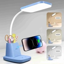 Hansang Small Desk Lamp, Kids Desk Lamp With Pen Holder, Wireless Charger LED Desk Lamps For Home Office, 800LM Gooseneck 3 Modes Dimmable Touch Cute Desk Lamp, Blue Study Lamp For College Dorm Room - Blue - View 1