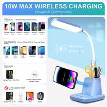 Hansang Small Desk Lamp, Kids Desk Lamp With Pen Holder, Wireless Charger LED Desk Lamps For Home Office, 800LM Gooseneck 3 Modes Dimmable Touch Cute Desk Lamp, Blue Study Lamp For College Dorm Room - Blue - View 2