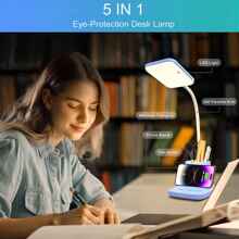 Hansang Small Desk Lamp, Kids Desk Lamp With Pen Holder, Wireless Charger LED Desk Lamps For Home Office, 800LM Gooseneck 3 Modes Dimmable Touch Cute Desk Lamp, Blue Study Lamp For College Dorm Room - Blue - View 3