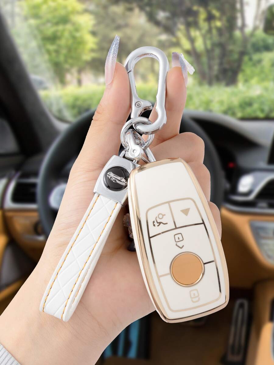 3pcs/set White Tpu Key Case Cover And Keyring Compatible With Mercedes-benz 4-button Smart Car Key - Multicolor - View 1