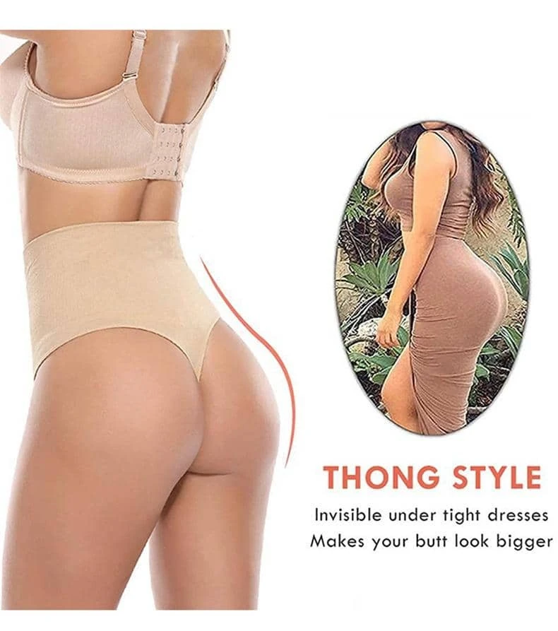 Women's High Waist Tummy Control Panties, Powerful Compression To Flatten Belly, Thong Design To