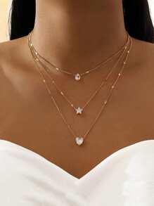 多层五角星、心形、泪珠形吊坠项链优雅万圣节情人节 - 金色 - 查看 1