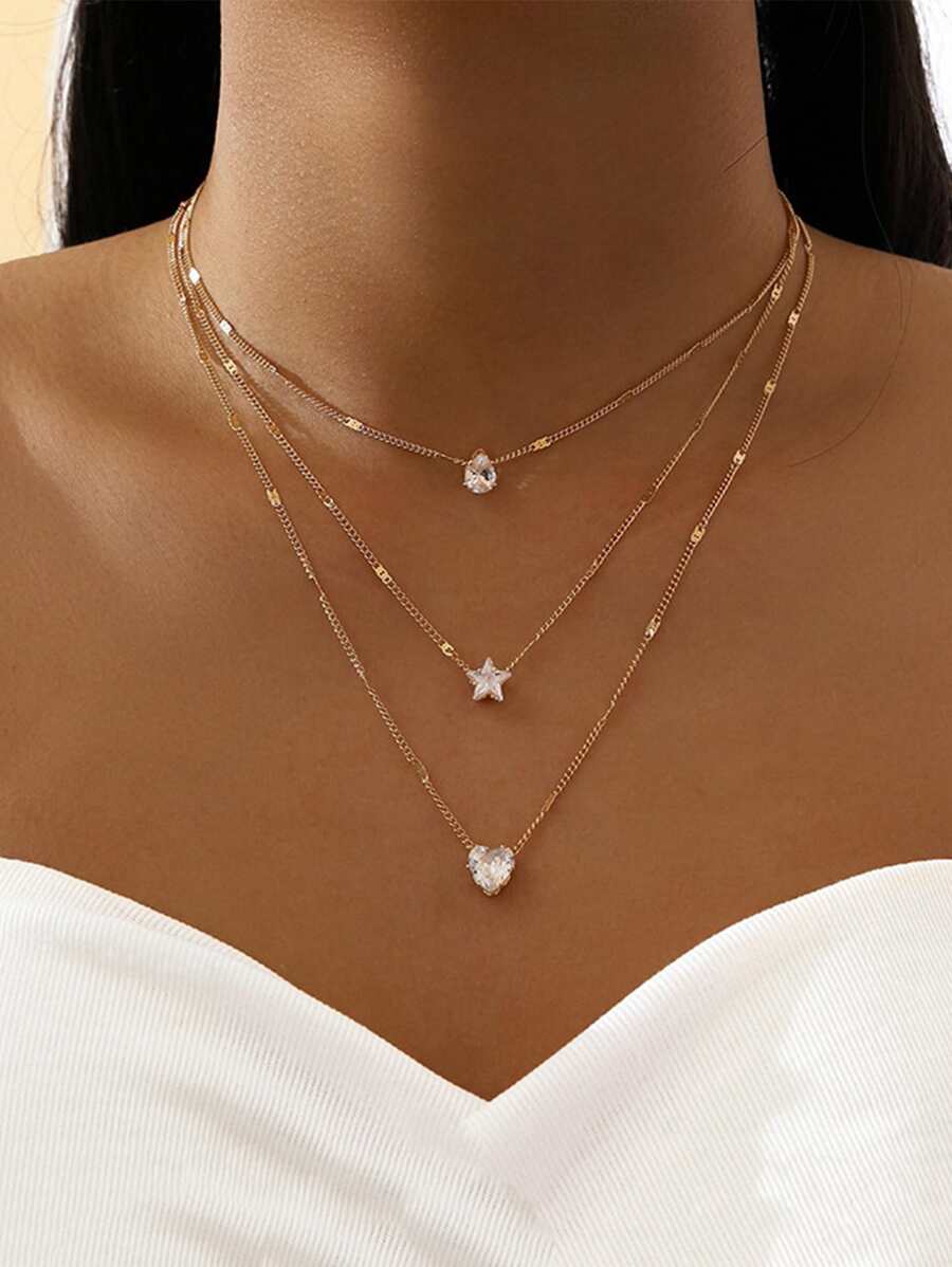 多层五角星、心形、泪珠形吊坠项链优雅万圣节情人节 - 金色 - 查看 1