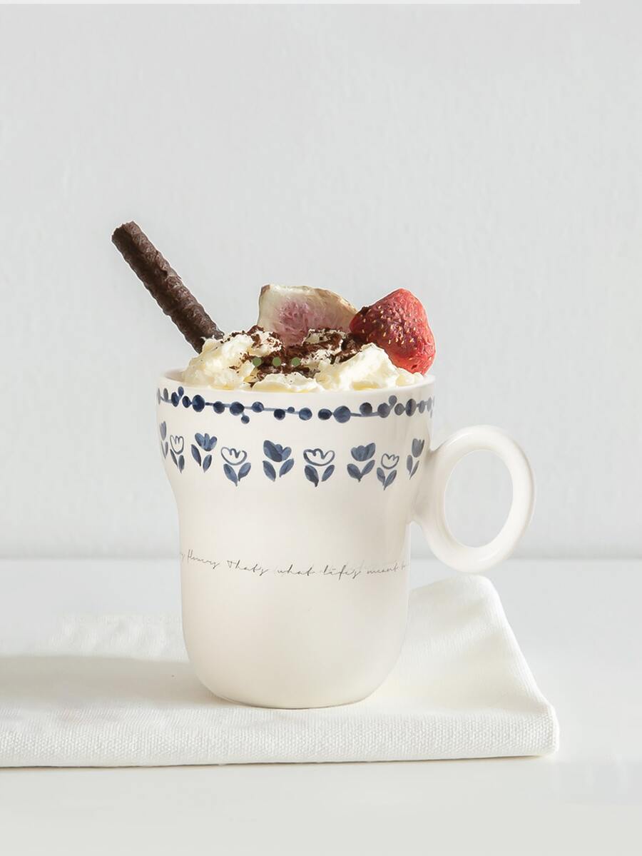 1pc Coffee Mugs, Hot Chocolate Mugs, Ceramic Mugs, Large Mugs for Coffee, Hot Cocoa Mugs, Milk Mug for Breakfast, Ink Flower pattern, 350ml/12oz - White - tulip pattern - View 1