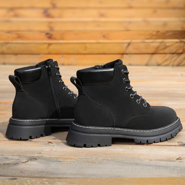 JABASIC Women Leather Ankle Combat Boots Low Heel Lace Up Outdoor