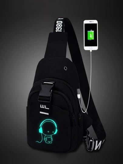 Men's Casual Chest Bag, Multifunctional Crossbody Shoulder Bag With USB Charging Port (Printed Strap Design Randomly Selected) For Student Travel Winter Gifts Large Capacity Multi-Functional Outdoor Vacation Chest Bag For Side Bags For Hip Bag Gifts For Valentine Day Valentines Black Bag Fanny Pack Stickers Summer Back To School Valentines Gifts Valentine Gifts Pouch Belt Bag Festival