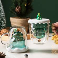1pc Christmas Tree Design Creative & Lovely Double-Layer Heat-Resistant Glass Cup With Handle In Gift Box Packaging For Festival Gift Back To School - Green - View 1