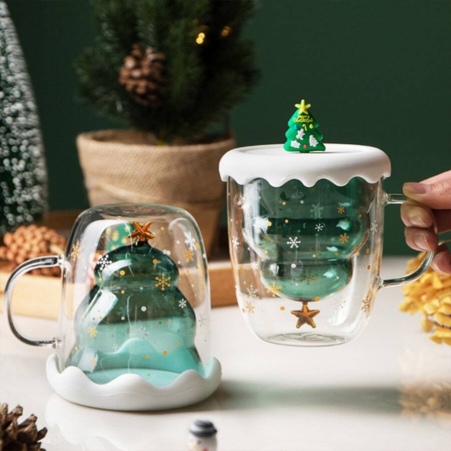 1pc Christmas Tree Design Creative & Lovely Double-Layer Heat-Resistant Glass Cup With Handle In Gift Box Packaging For Festival Gift Back To School - Green - View 1