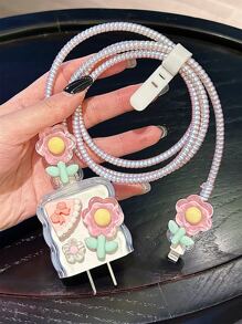 花朵裝飾數據線保護頭適用於iphone - 粉色 - 查看 2