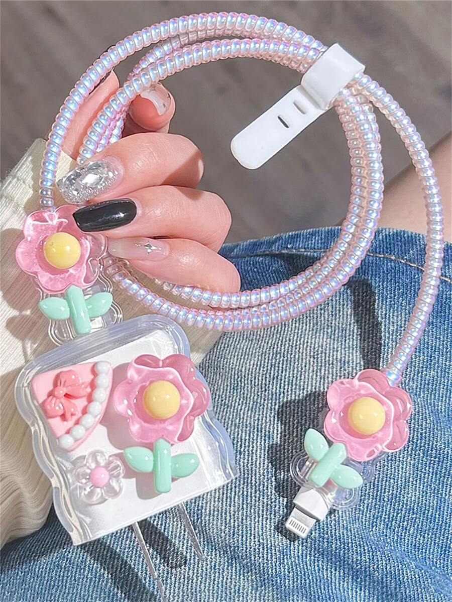 花朵裝飾數據線保護頭適用於iphone - 粉色 - 查看 1