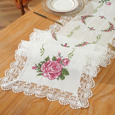 1 pieza Tela de lino de poliéster con bordado de punto de cruz exquisito, encaje calado soluble en agua, camino de mesa, individual, mantel para la cocina, comedor, decoración del hogar, reunión familiar, decoración navideña, interior y exterior, decoraciones para fiestas y bodas
