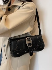 Bolsa para las axilas de moda remache decorado con solapa - Negro - Ver 1