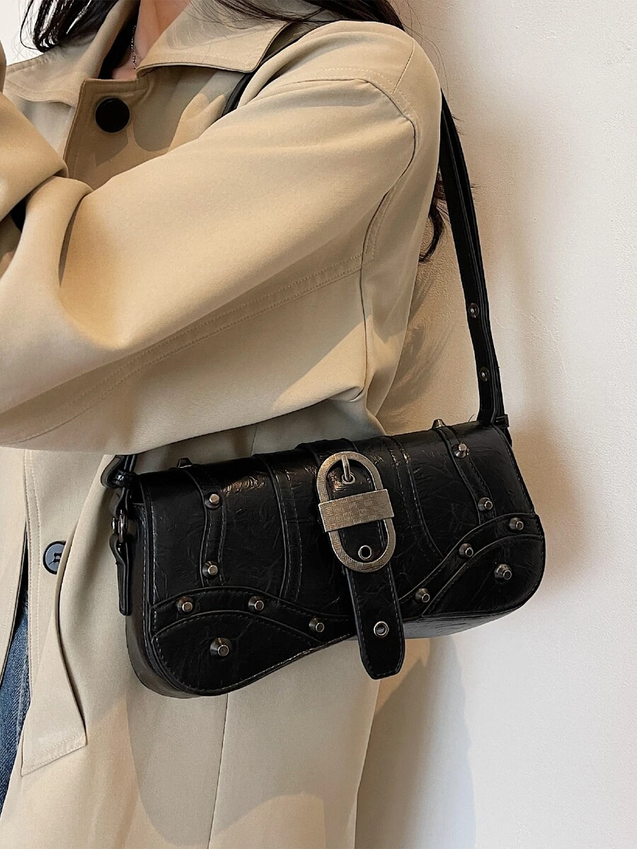 Bolsa para las axilas de moda remache decorado con solapa - Negro - Ver 1