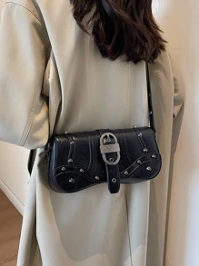 Bolsa para las axilas de moda remache decorado con solapa - Negro - Ver 7
