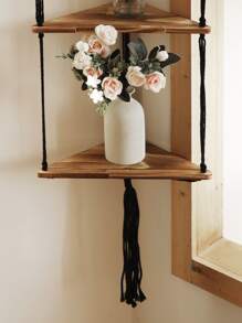 1pc Handmade Wooden Woven Floating Wall Shelf With Tassel Triangle Storage Board For Plant, Bohemian Wall Decorations, Ideal For Bedroom, Living Room, Office,Home Decor ,Room Decor,Wall Decor Gifts Birthday Graduation