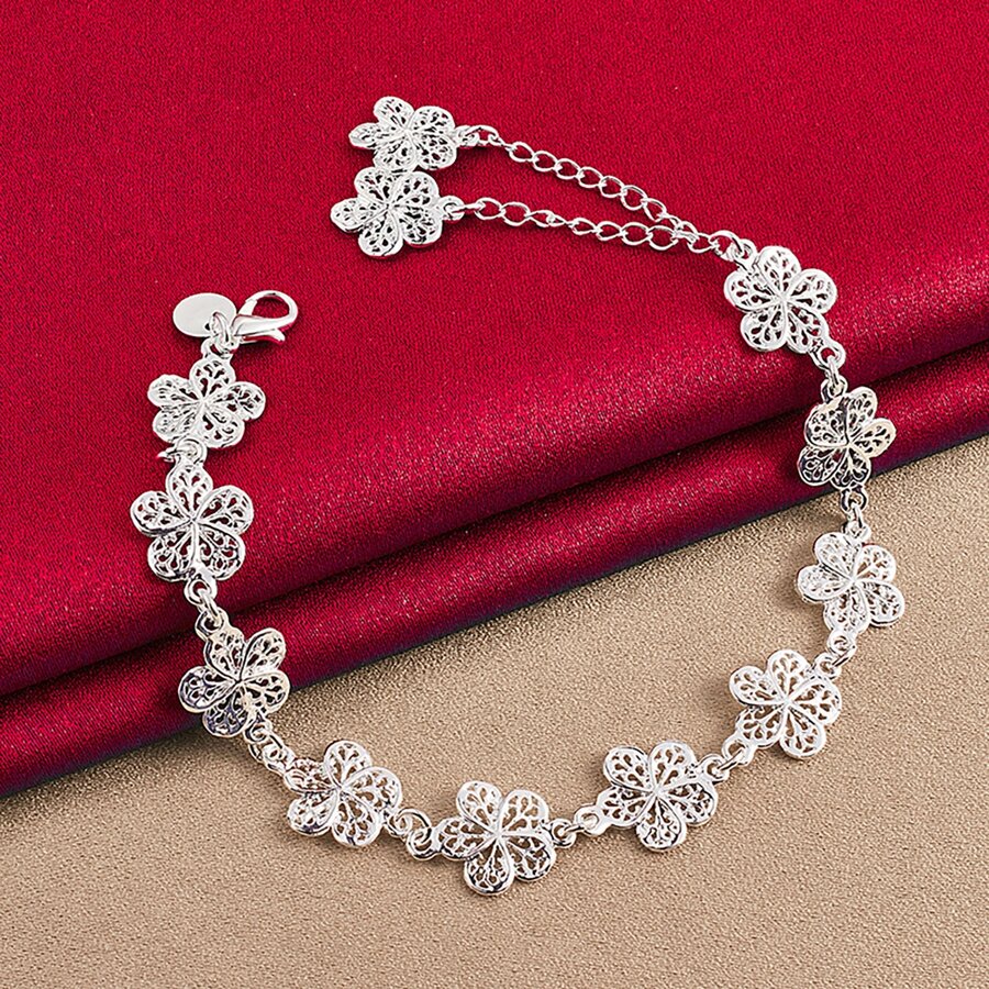 925纯银镀层全花手链，女士婚礼订婚派对时尚首饰 - 銀色 - 查看 1