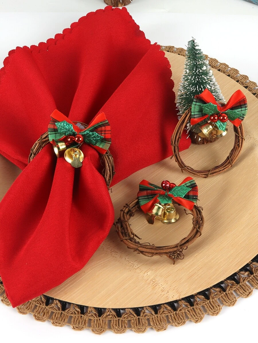 1 件手工人造藤聖誕弓和鈴鐺餐巾環,適用於餐桌裝飾,適合聖誕派對、婚禮和其他家庭、餐廳、酒店、鄉村別墅等慶祝活動。 - 彩色 - 查看 1