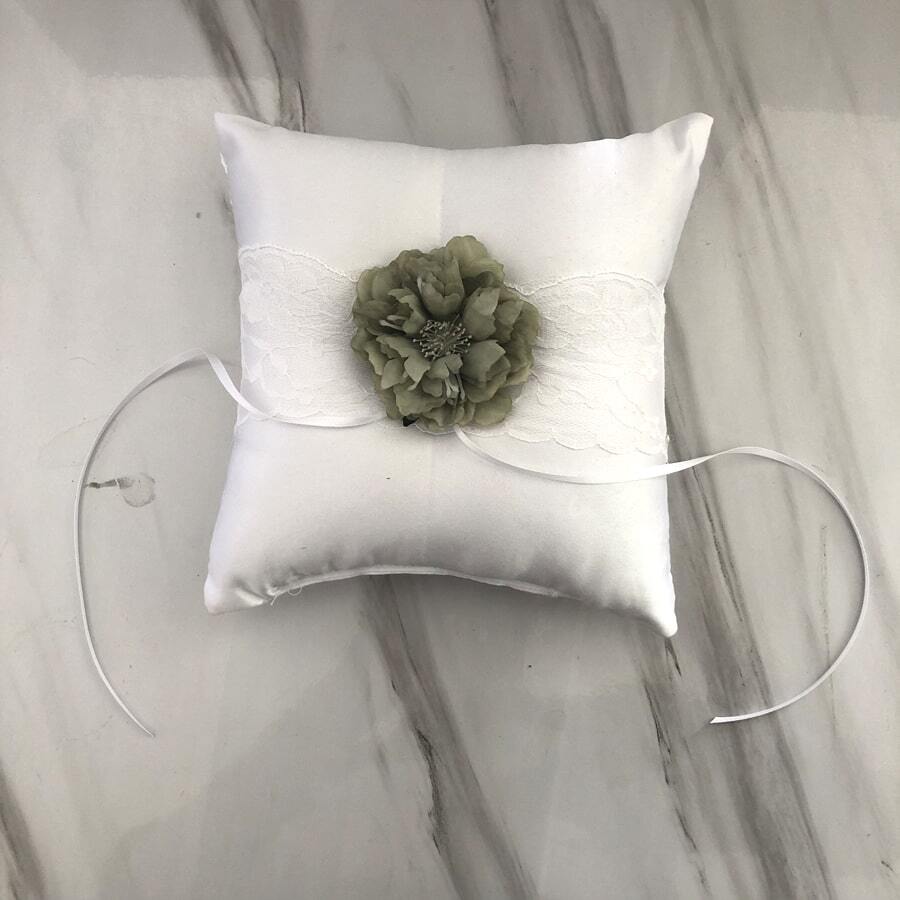 Wedding Ceremony Ribbon Lace Flower Petal Ring Pillow - Green - View 1