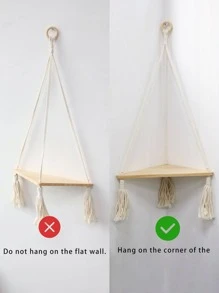 1pc Handmade Wooden Woven Floating Wall Shelf With Tassel Triangle Storage Board For Plant, Bohemian Wall Decorations, Ideal For Bedroom, Living Room, Office,Home Decor ,Room Decor,Wall Decor Gifts Birthday Graduation