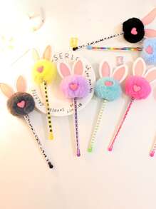 1 Pieza Pluma Neutral Decorada Con Orejas De Conejo Y Pompón De Conejito Para Niños, Papelería Creativa - Rosa - Ver 2