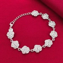 925纯银镀层全玫瑰花链手链，女士婚礼订婚派对时尚魅力首饰 - 銀色 - 查看 1