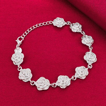 925 Sterling Silber überzogenes Armband mit vollständiger Rosenblüte für Frauen, Hochzeit, Verlobung, Party, modischer Charm Schmuck