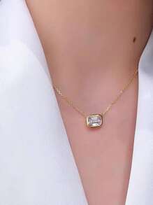 BALMORA 1pc Simple & Versatile S925 Sterling Silver Cubic Zirconia Rectangle Pendant Necklace - Gold - View 2