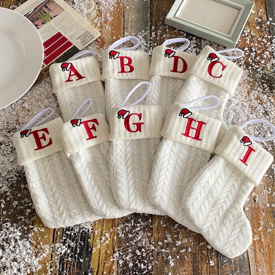 1pc Solid Color Wool Knitted Christmas Socks Embroidered Letters Children's Candy Gift Bag Twist Long Gift Bag Decoration Home Socks 3 Colors, Halloween, Spooky, Autumn, Holiday, Festival,Home Decor ,Room Decor,Wall Decor