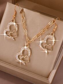 3pcs/set Double Chain Women's Heart Shaped Rhinestone Necklace Set - Gold - View 1