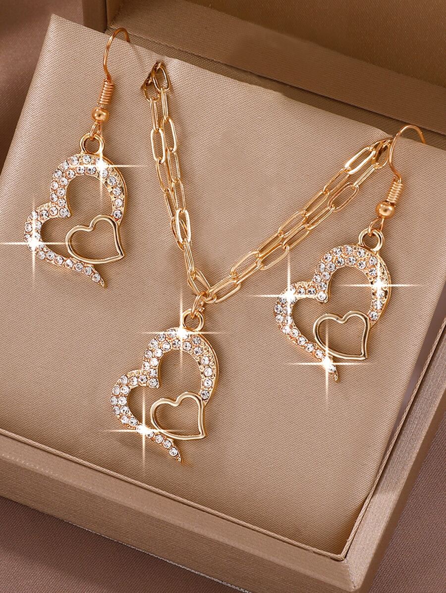 3pcs/set Double Chain Women's Heart Shaped Rhinestone Necklace Set - Gold - View 1